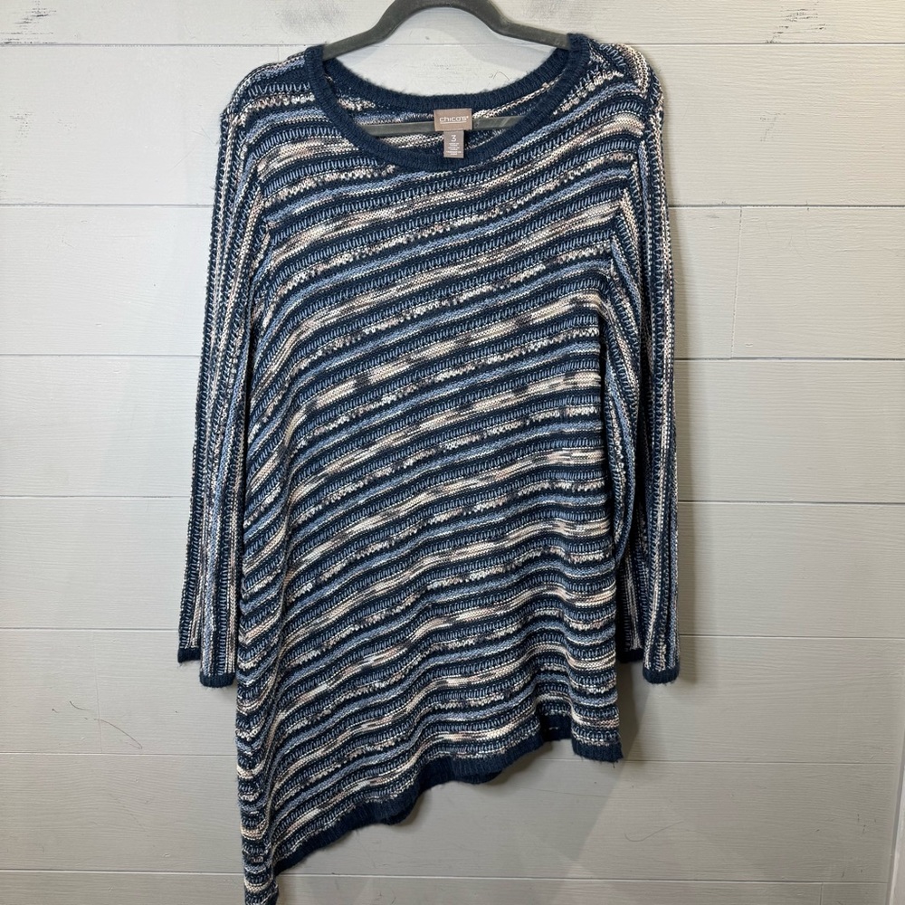 Chicos Women's Blue Striped Asymmetrical Hem Sweater Top 3/4 Sleeves Size XL